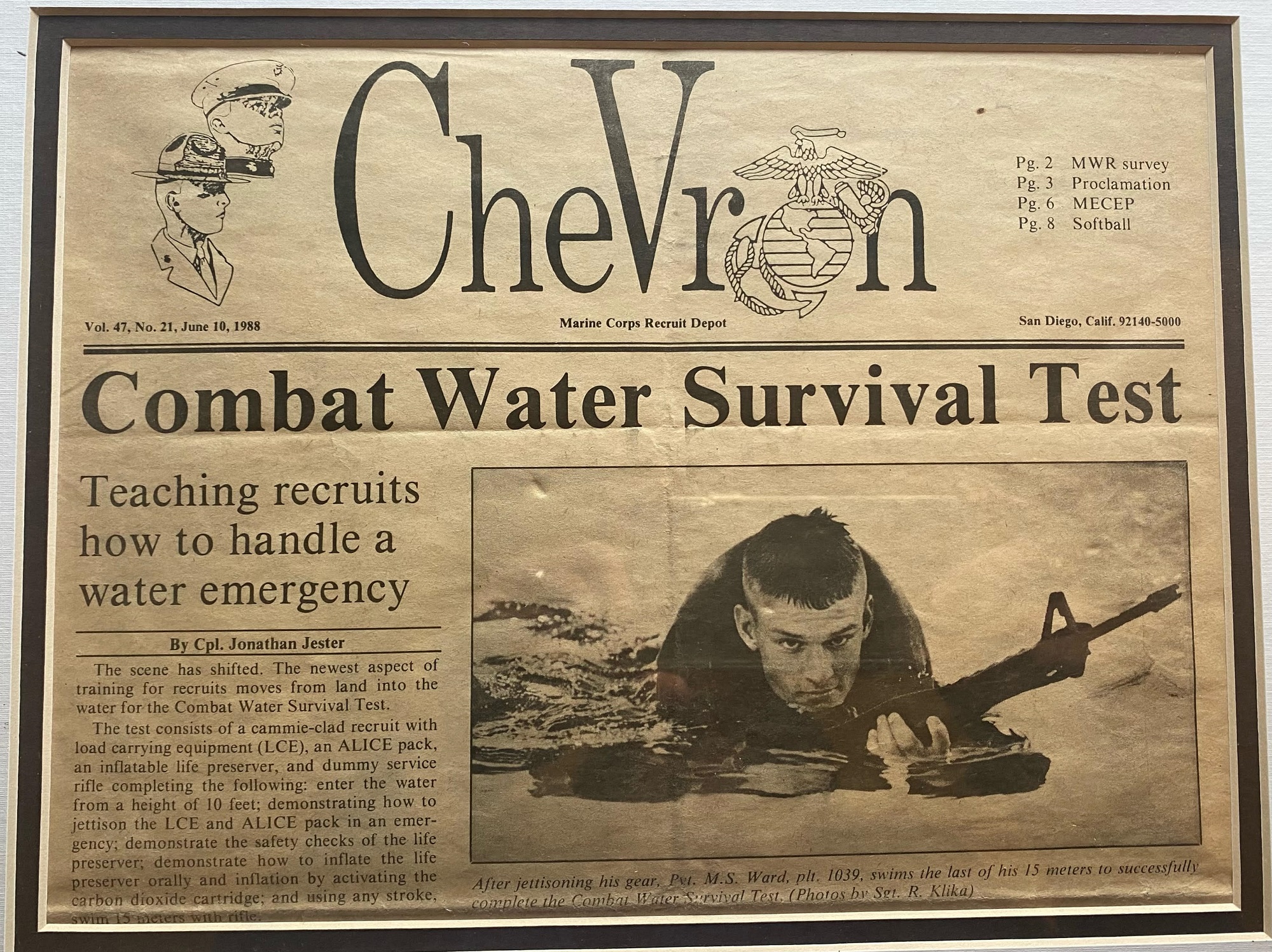 Ward 1988 Mitch testing for Combat Water Survival in boot camp - pictured on the front page of the Chevron Marine Corps Recruit Depot newspaper
